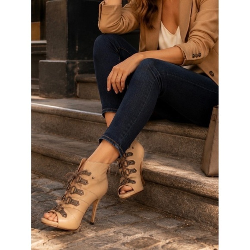 Jean-Michel Cazabat Olga Lace-Up Leather Peep Toe Platform Booties Tan EU37 US 7